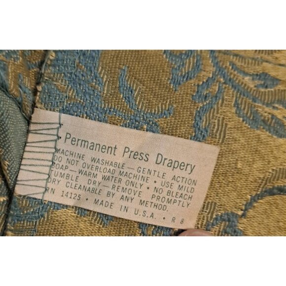 Vintage Damask Curtain Valance W Tassels Gold Brocade Blue Pinch Pleat 12x52 - Picture 5 of 5